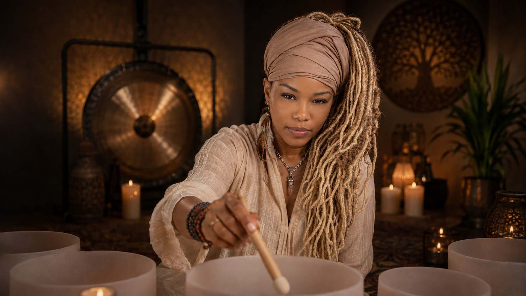 Shaman Yawna Shakti playing a large crystal singing bowl, with a gong and candlelight behind her