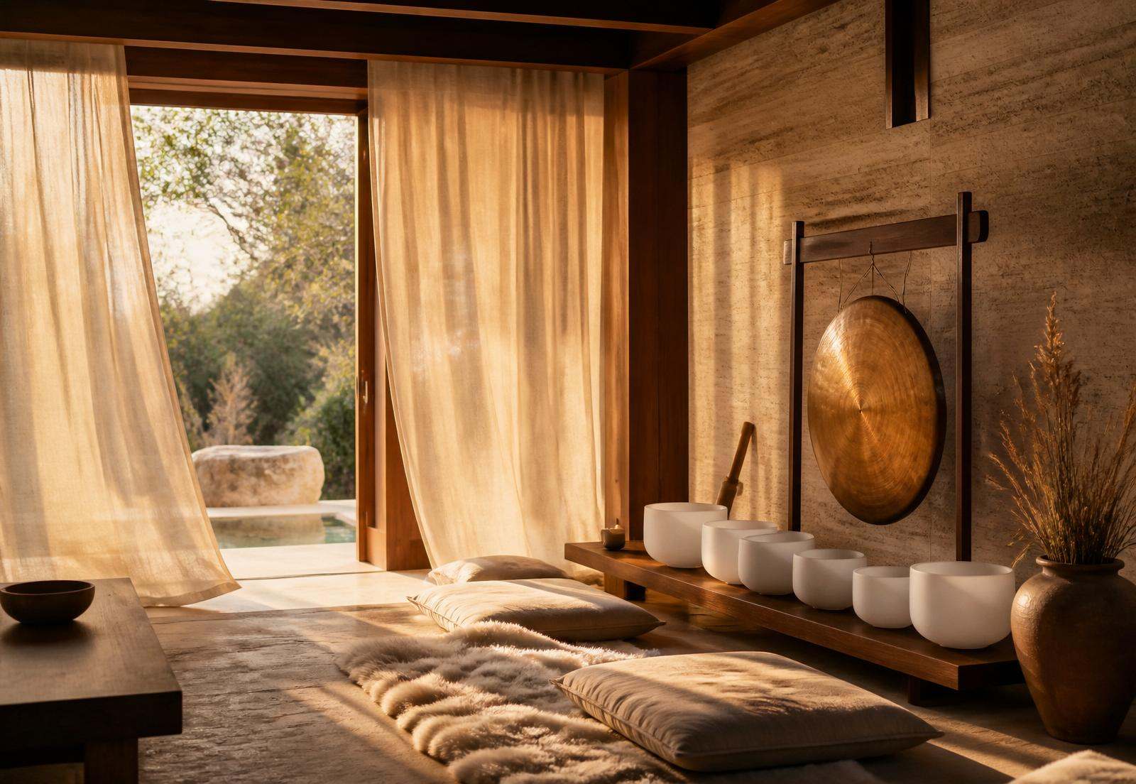 A quiet retreat interior in warm morning light — travertine, linen curtains, walnut bench